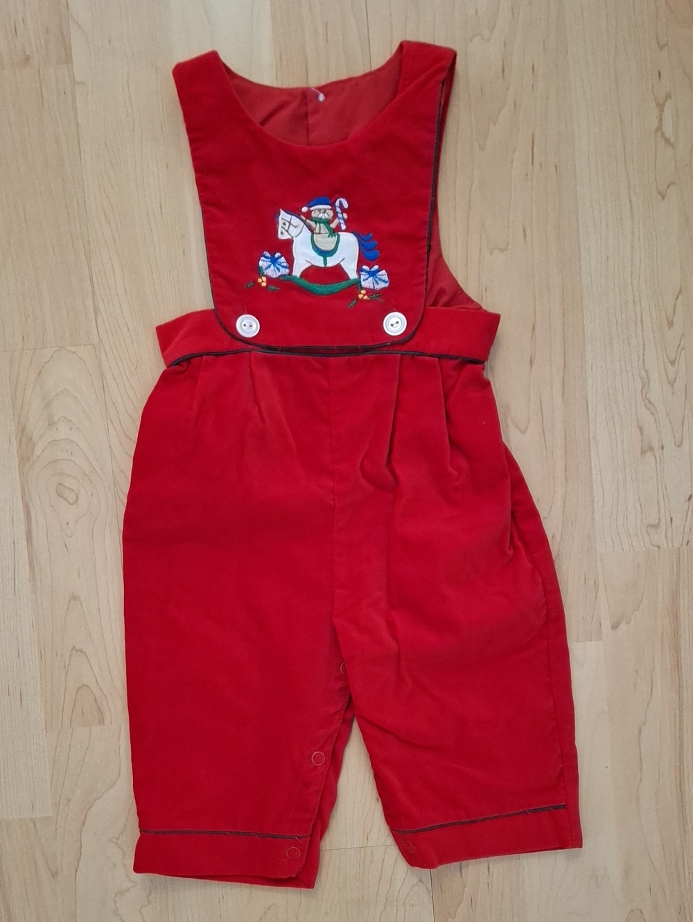 Vintage Red Holiday Velour Embroidered Rocking Horse Baby Overalls